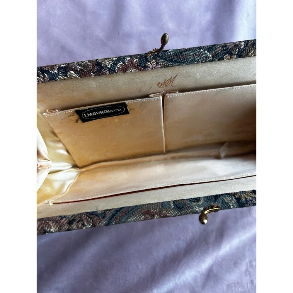 Vintage I Magnin Floral Tapestry Clutch Bag Kiss Lock Evening Handbag Multi